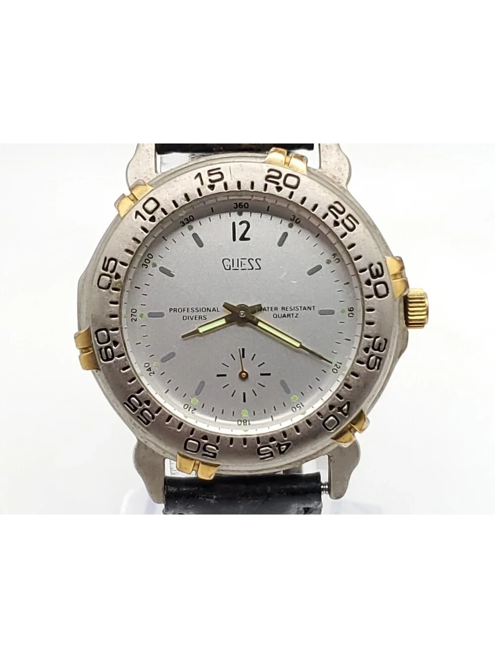 Vintage 1991 Guess Quartz Watch New Battery Diver Style Silver Tone 34mm